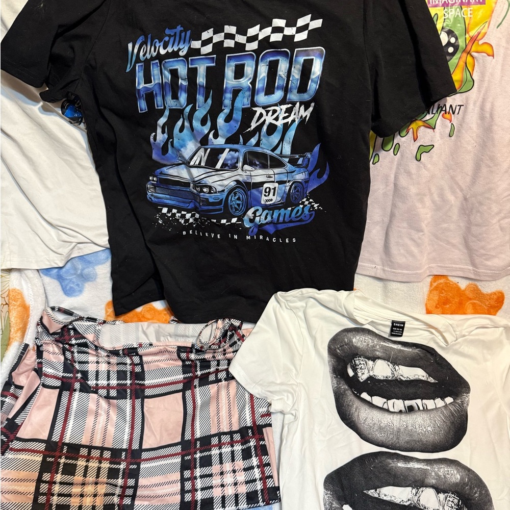 SHEIN Black Tee with Blue Hot Rod Graphic